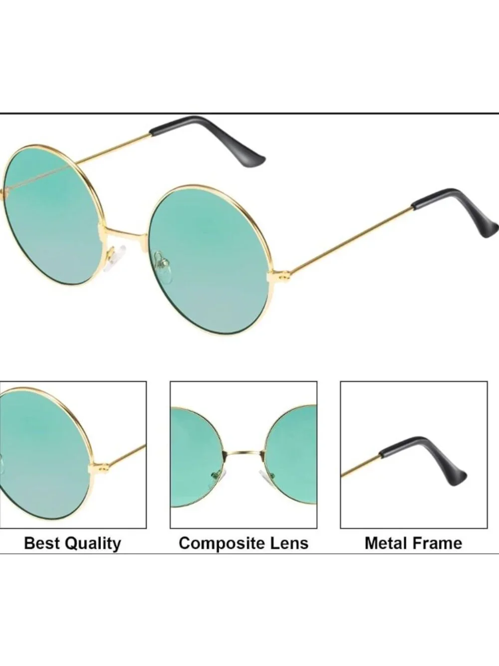 Retro Round Sunglasses With Gold Metal Frame & Light Green Lenses